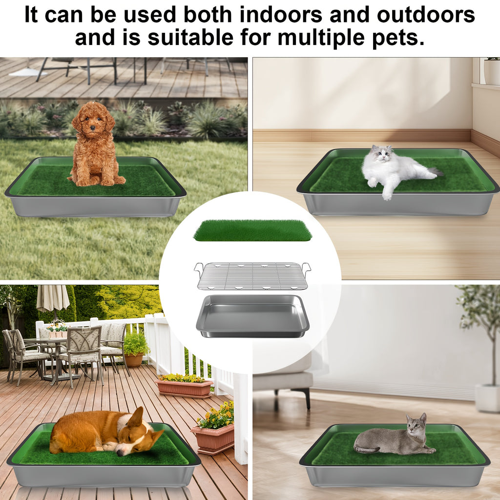 Washable Dog Potty Tray Dog Grass Pad Dog Litter Box Toilet Stainless Steel Tray with Artificial Washable Grass Pads, Dog Potty Training Mat for Indoor Outdoor Use, Green Grass Pad for Small to Medium Dog with Stainless Steel Guard Rails