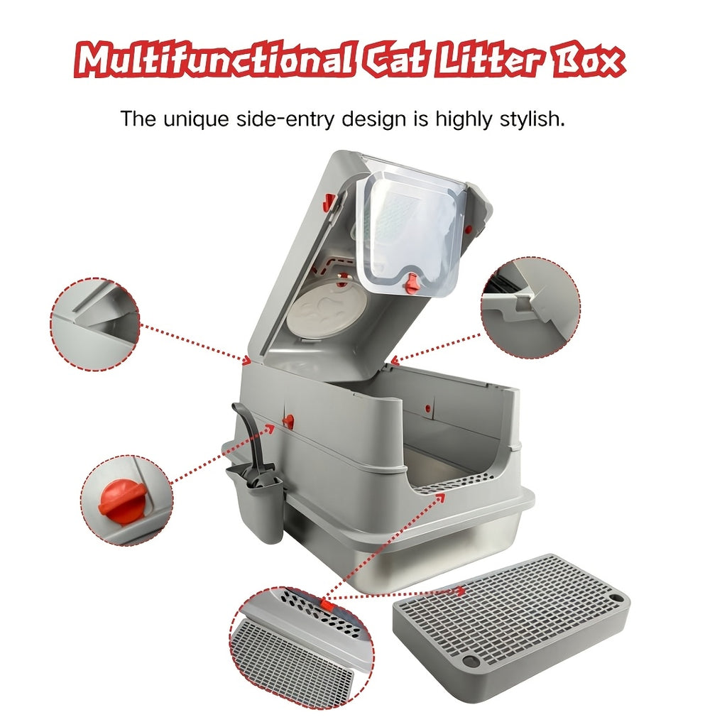 Extra-Large, Fully Enclosed Stainless Steel Litter Box --Features A High-Sided, Leak-Proof Design Suitable for All Cat Breeds; Includes A Complimentary Litter Scoop And Litter Mat.