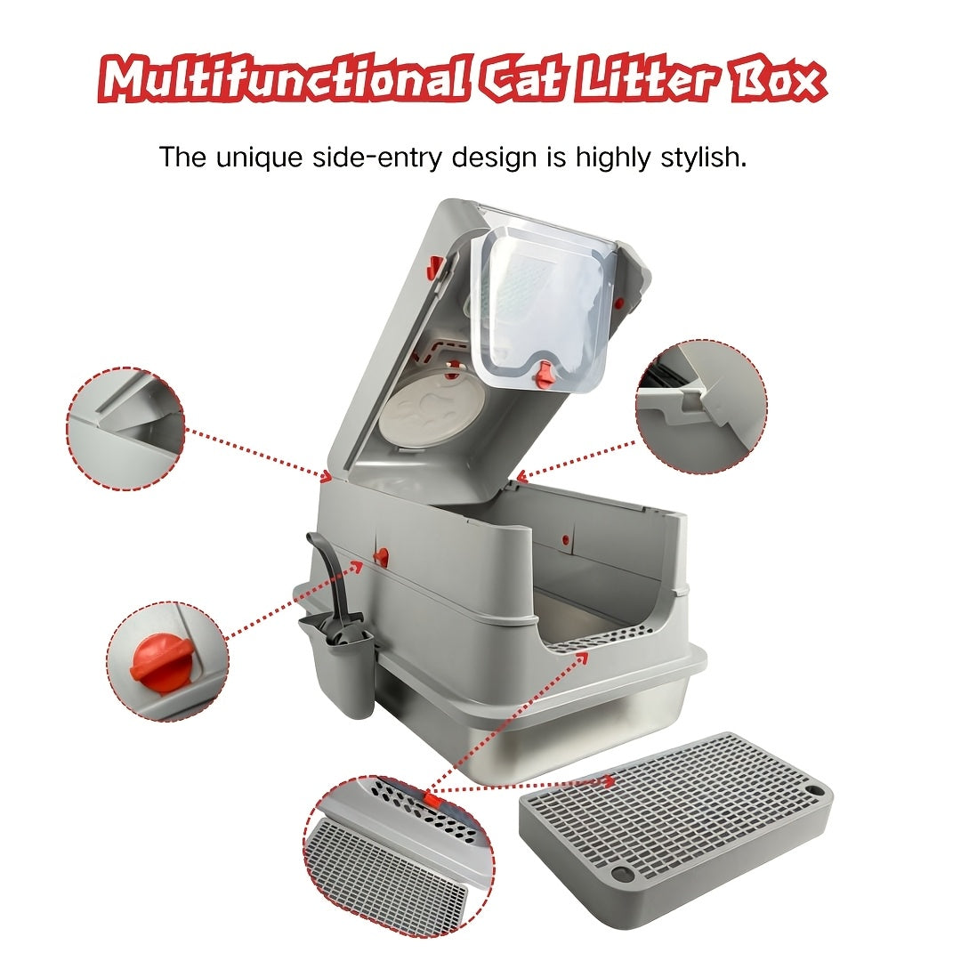 Extra-Large, Fully Enclosed Stainless Steel Litter Box --Features A High-Sided, Leak-Proof Design Suitable for All Cat Breeds; Includes A Complimentary Litter Scoop And Litter Mat.