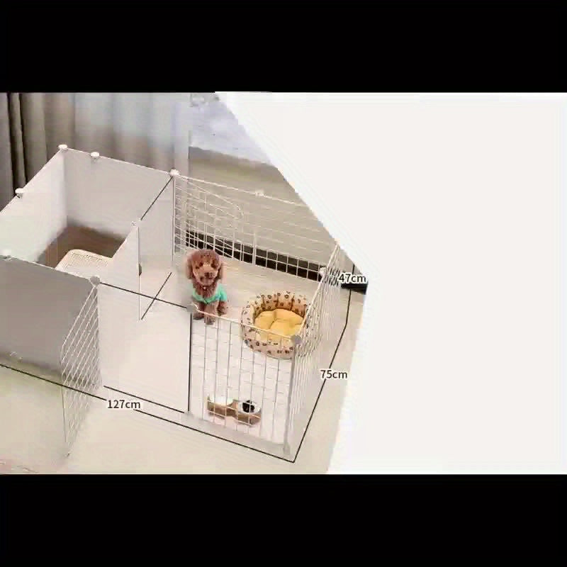 This Pet Enclosure Allows for Flexible Arrangements And Is Ideal for Small Dogs Inside The House. It Features a Dog House with a Designated Toilet Space, Resembling a Household Fence Or Dog Crate