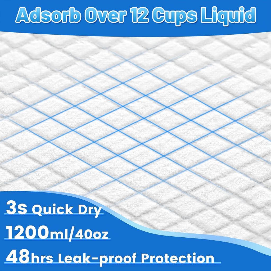 40pcs of Enhanced XXXXL Extra- for Large Dog Pee Pads Measuring 32'X56', Featuring a Robust 7-Layer Leakproof Design, Quick-Drying Capabilities, And High Absorbency. These Disposable Puppy Training Pads Come Individually Wrapped