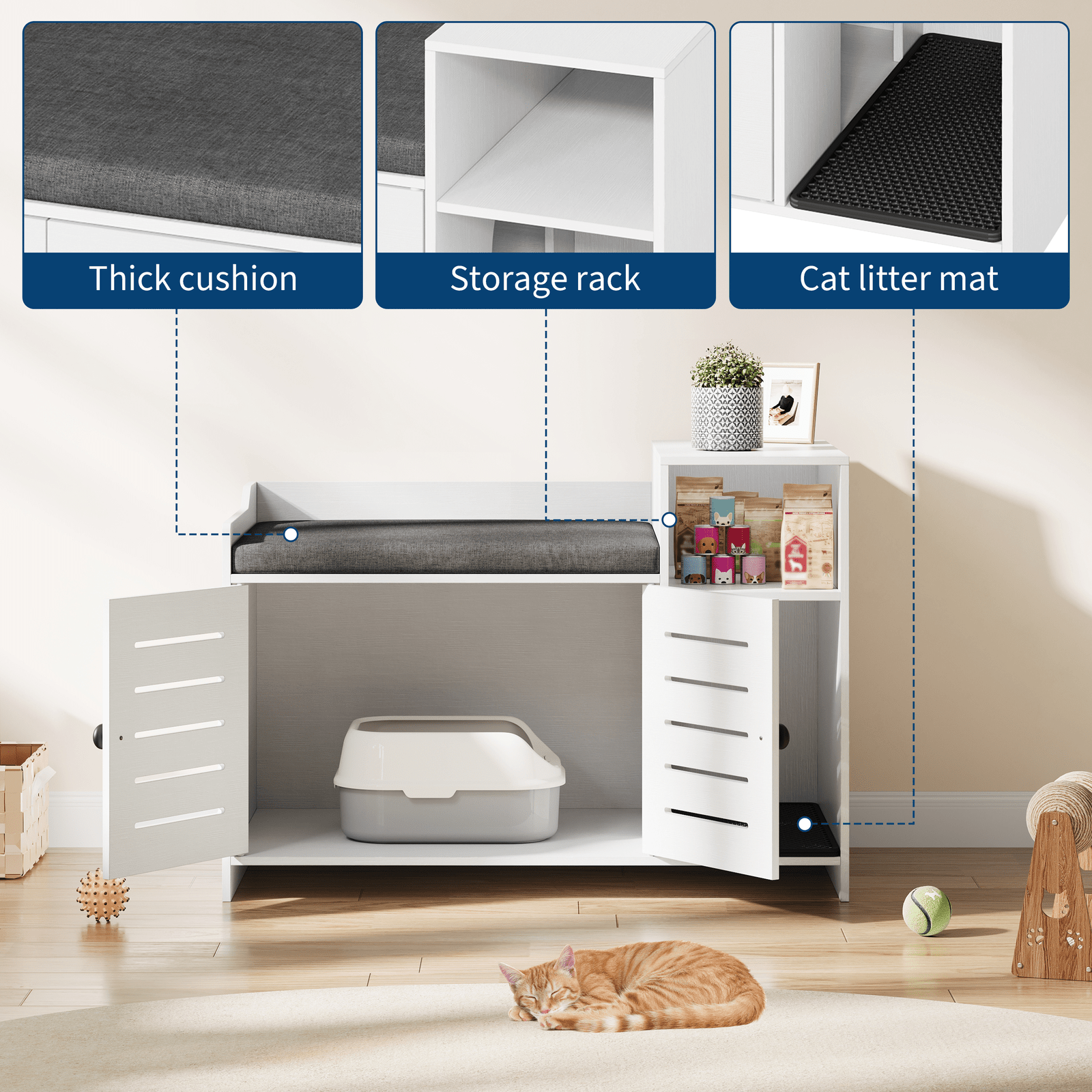 IDEALHOUSE Cat Litter Box Enclosure, Hidden Litter Box Cabinet Furniture with Scratch Pad, Farmhouse Indoor Cats House with Storage Layer for Hallway, Bedroom