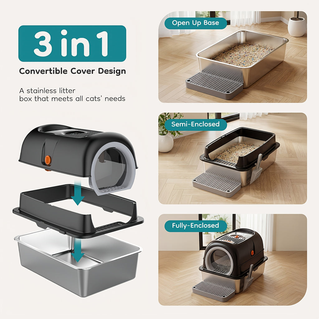 Stainless Steel Cat Litter Box, Suitable for Large Feline Animals Weighing 25 Pounds, with A Capacity Of Up to 30 Liters. It Can Be Adjusted In Three Modes: Closed, Semi Closed, And Fully Open, Providing A Comfortable Environment for Cats