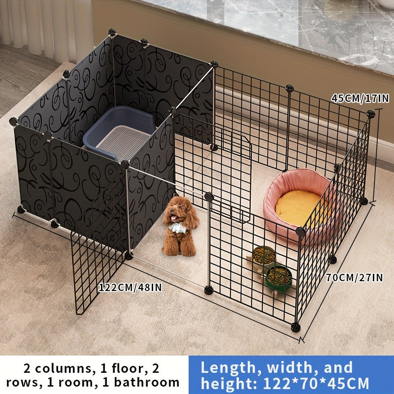 This Pet Enclosure Allows for Flexible Arrangements And Is Ideal for Small Dogs Inside The House. It Features a Dog House with a Designated Toilet Space, Resembling a Household Fence Or Dog Crate