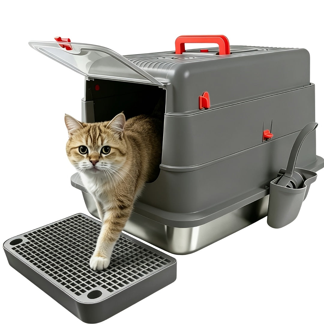 Extra-Large, Fully Enclosed Stainless Steel Litter Box --Features A High-Sided, Leak-Proof Design Suitable for All Cat Breeds; Includes A Complimentary Litter Scoop And Litter Mat.