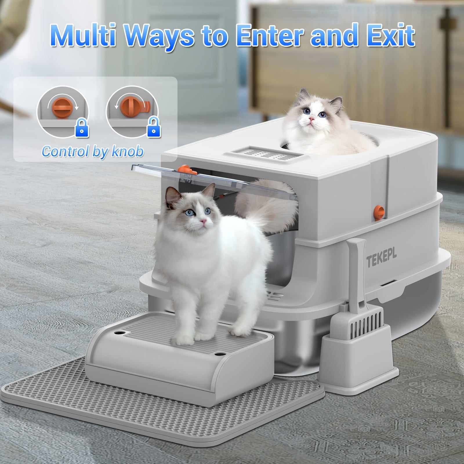 TEKEPL Extra-Large Stainless Steel Cat Litter Box With Lid, Enclosed Semi-Enclosed Modular System, Dual Entry High-Sided Non-Stick Easy Clean Design, Cat Litter Mat Scoop, Ideal For Indoor Use 2026 Luxury XL Pet Toilet Odor-Free Valentine'S Day Gift