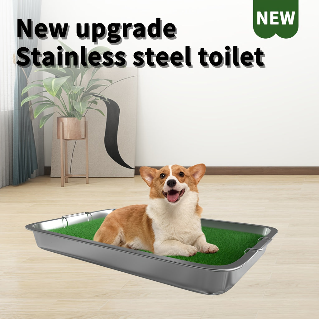 Washable Dog Potty Tray Dog Grass Pad Dog Litter Box Toilet Stainless Steel Tray with Artificial Washable Grass Pads, Dog Potty Training Mat for Indoor Outdoor Use, Green Grass Pad for Small to Medium Dog with Stainless Steel Guard Rails