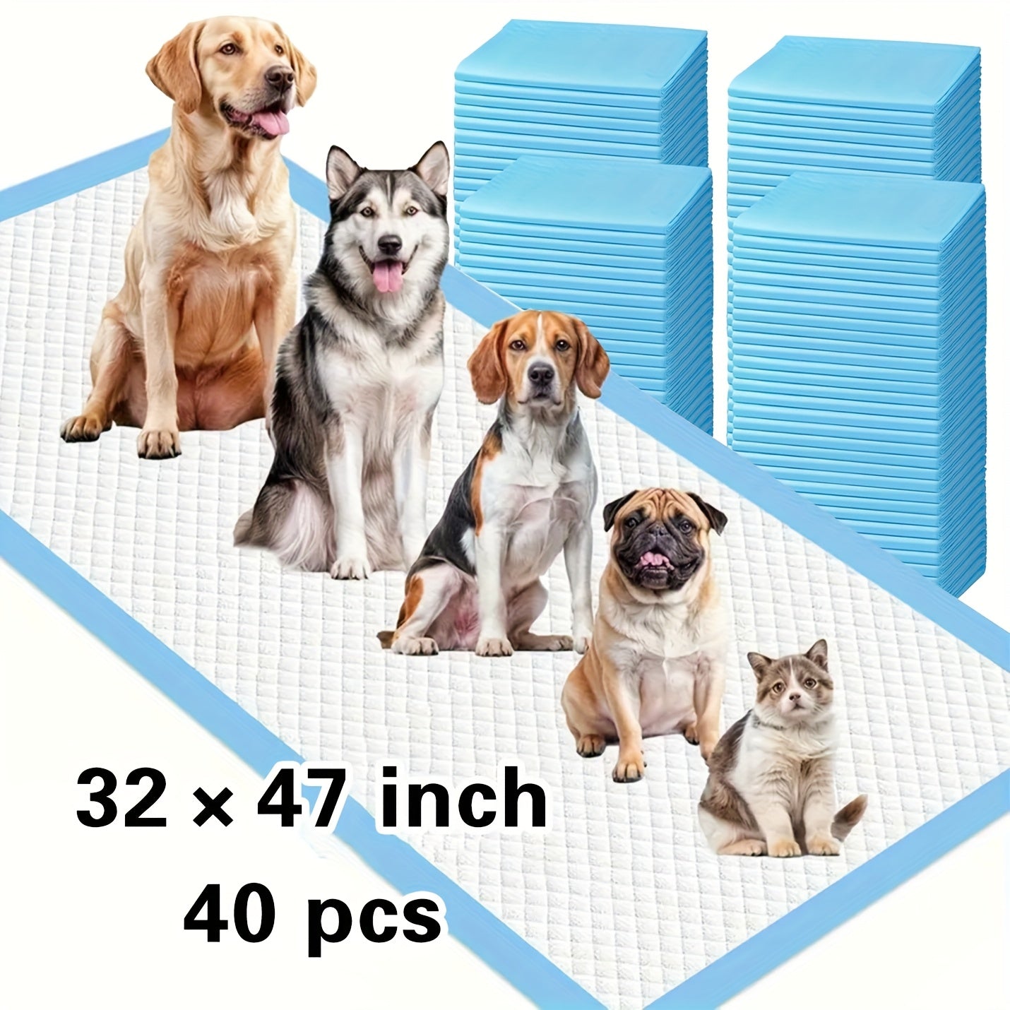 40pcs of Enhanced XXXXL Extra- for Large Dog Pee Pads Measuring 32'X56', Featuring a Robust 7-Layer Leakproof Design, Quick-Drying Capabilities, And High Absorbency. These Disposable Puppy Training Pads Come Individually Wrapped