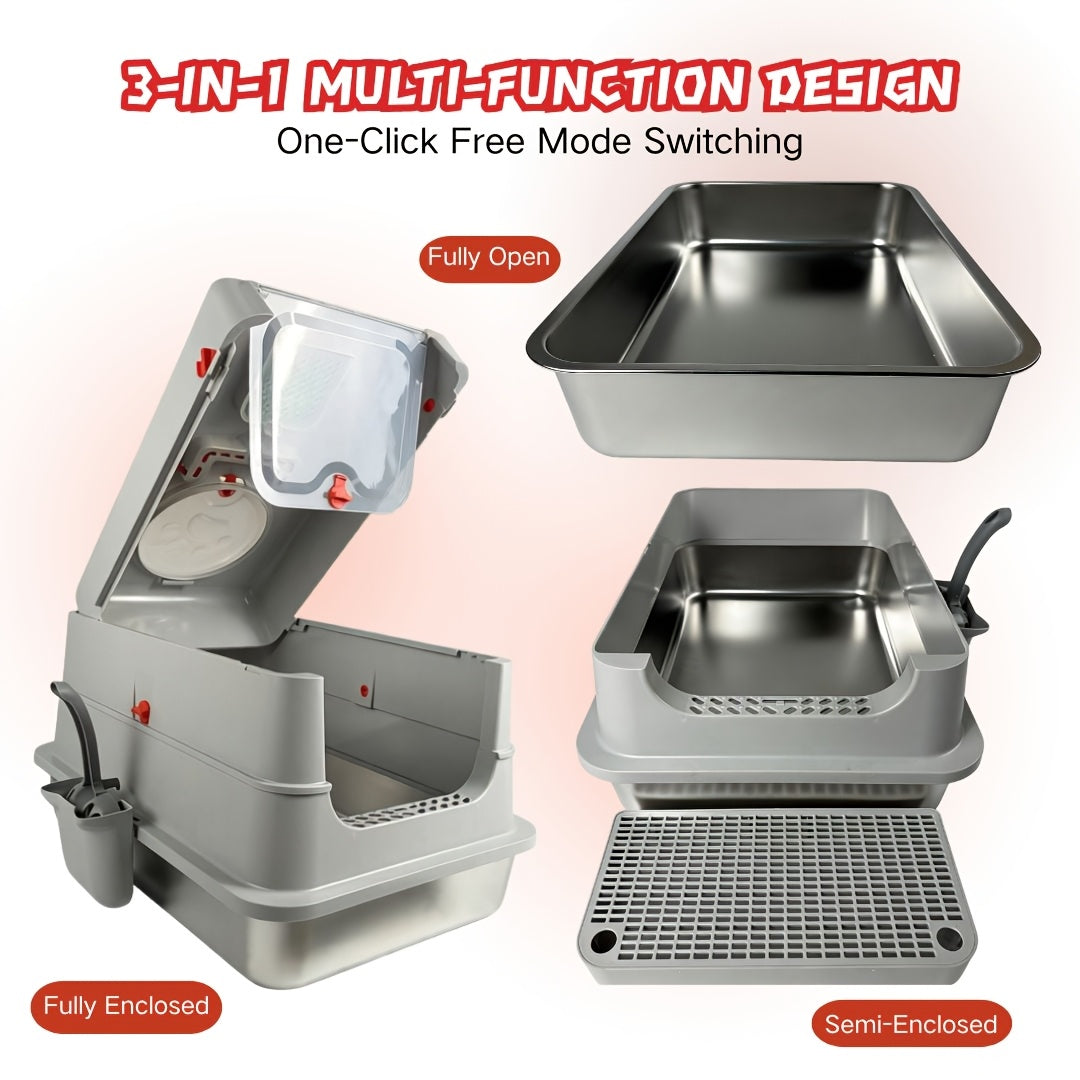 Extra-Large, Fully Enclosed Stainless Steel Litter Box --Features A High-Sided, Leak-Proof Design Suitable for All Cat Breeds; Includes A Complimentary Litter Scoop And Litter Mat.