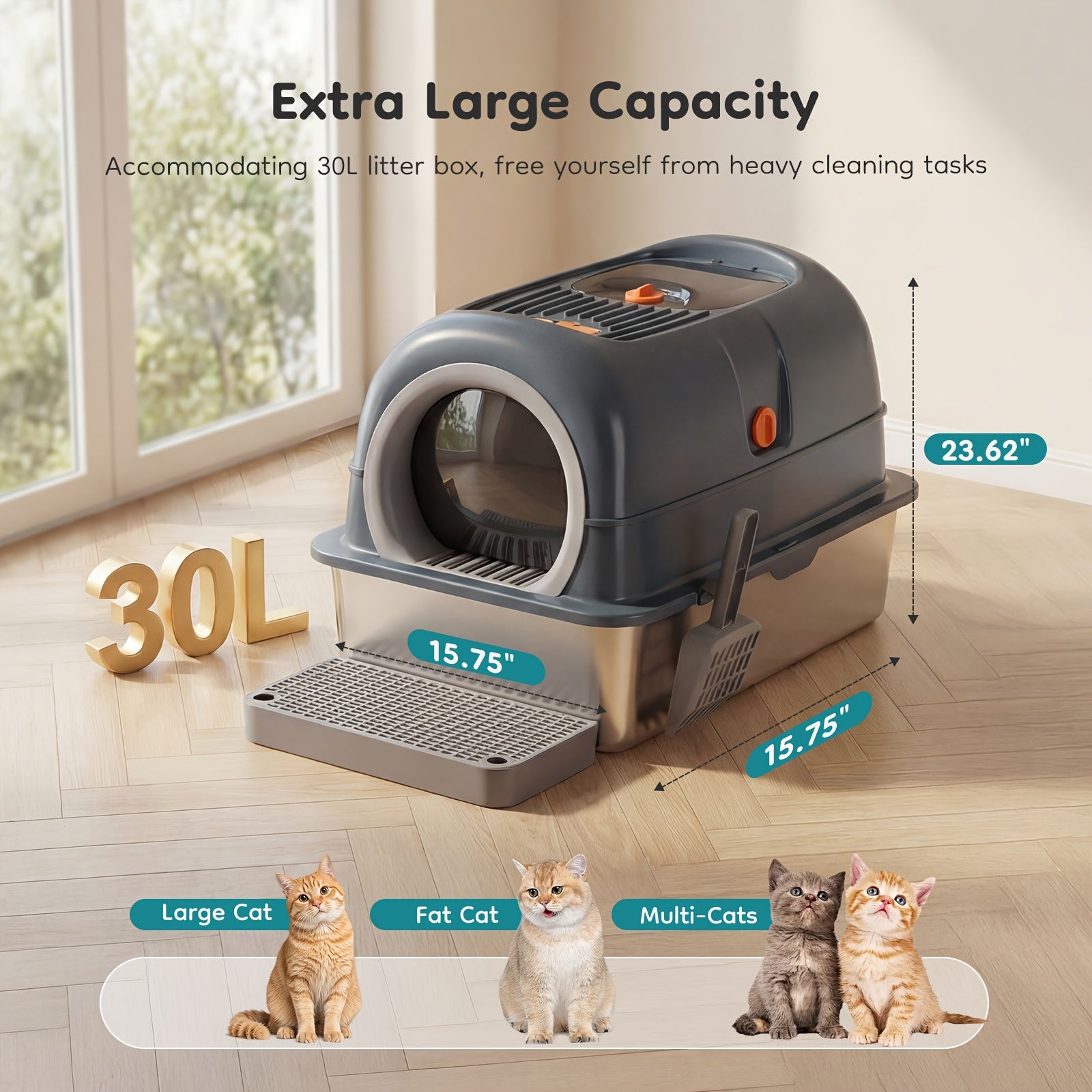 Stainless Steel Litter Box with Lid, Extra Large Enclosed Metal Cat Litter Box, Front Entry Top Exit Kitty Toilet with Litter Scoop & Litter Mat for Cats