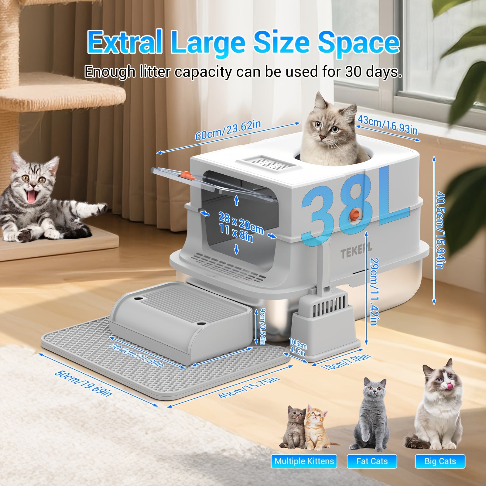 TEKEPL Extra-Large Stainless Steel Cat Litter Box With Lid, Enclosed Semi-Enclosed Modular System, Dual Entry High-Sided Non-Stick Easy Clean Design, Cat Litter Mat Scoop, Ideal For Indoor Use 2026 Luxury XL Pet Toilet Odor-Free Valentine'S Day Gift