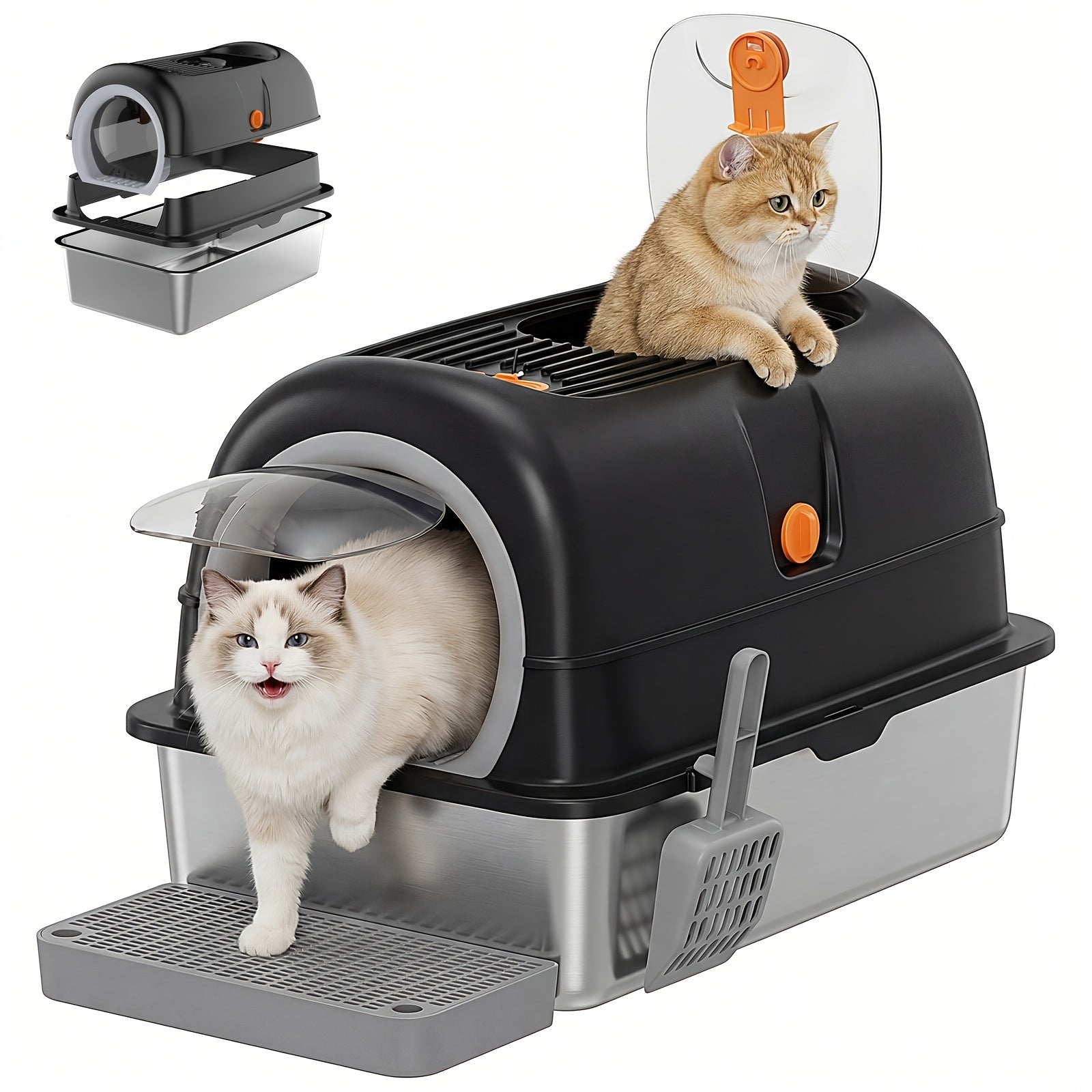 Stainless Steel Cat Litter Box, Suitable for Large Feline Animals Weighing 25 Pounds, with A Capacity Of Up to 30 Liters. It Can Be Adjusted In Three Modes: Closed, Semi Closed, And Fully Open, Providing A Comfortable Environment for Cats
