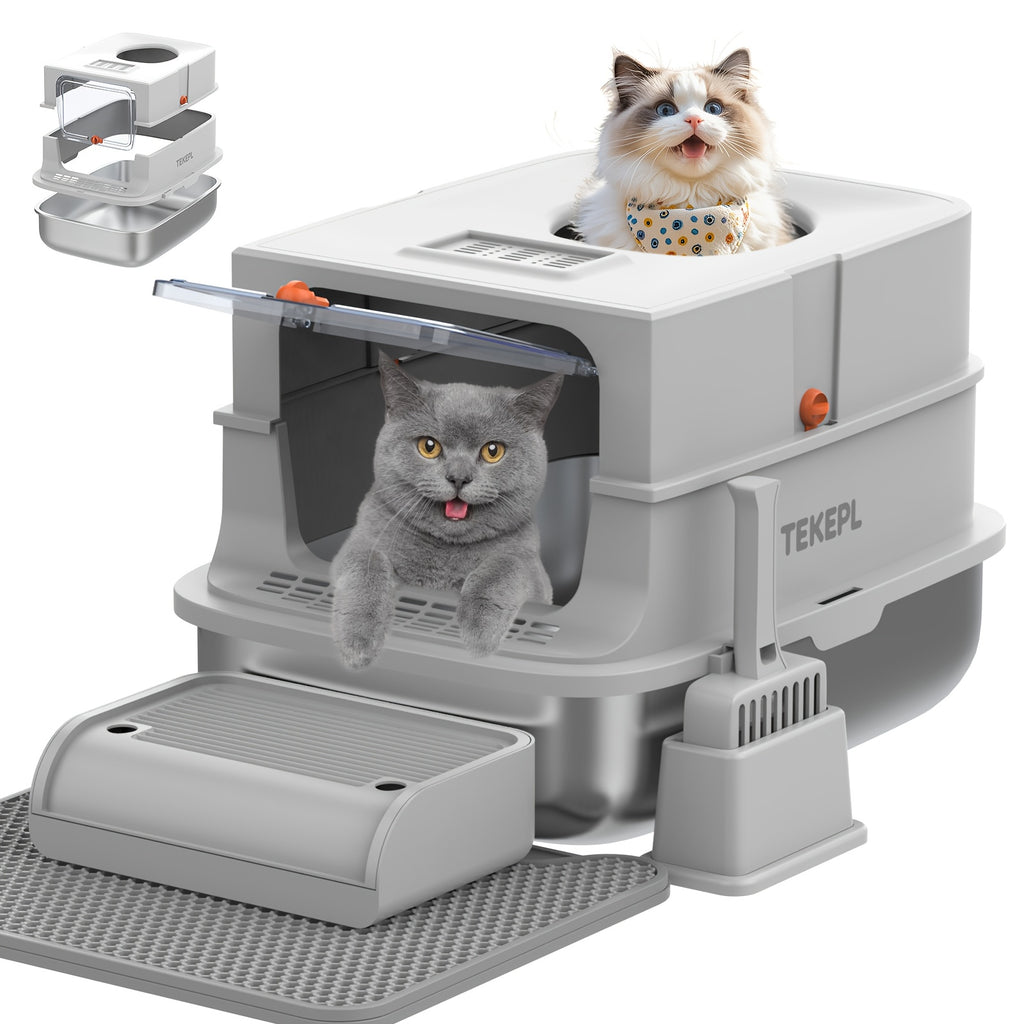 TEKEPL Extra-Large Stainless Steel Cat Litter Box With Lid, Enclosed Semi-Enclosed Modular System, Dual Entry High-Sided Non-Stick Easy Clean Design, Cat Litter Mat Scoop, Ideal For Indoor Use 2026 Luxury XL Pet Toilet Odor-Free Valentine'S Day Gift