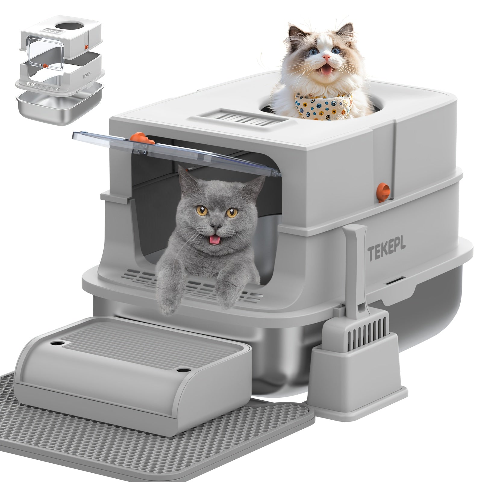 TEKEPL Extra-Large Stainless Steel Cat Litter Box With Lid, Enclosed Semi-Enclosed Modular System, Dual Entry High-Sided Non-Stick Easy Clean Design, Cat Litter Mat Scoop, Ideal For Indoor Use 2026 Luxury XL Pet Toilet Odor-Free Valentine'S Day Gift