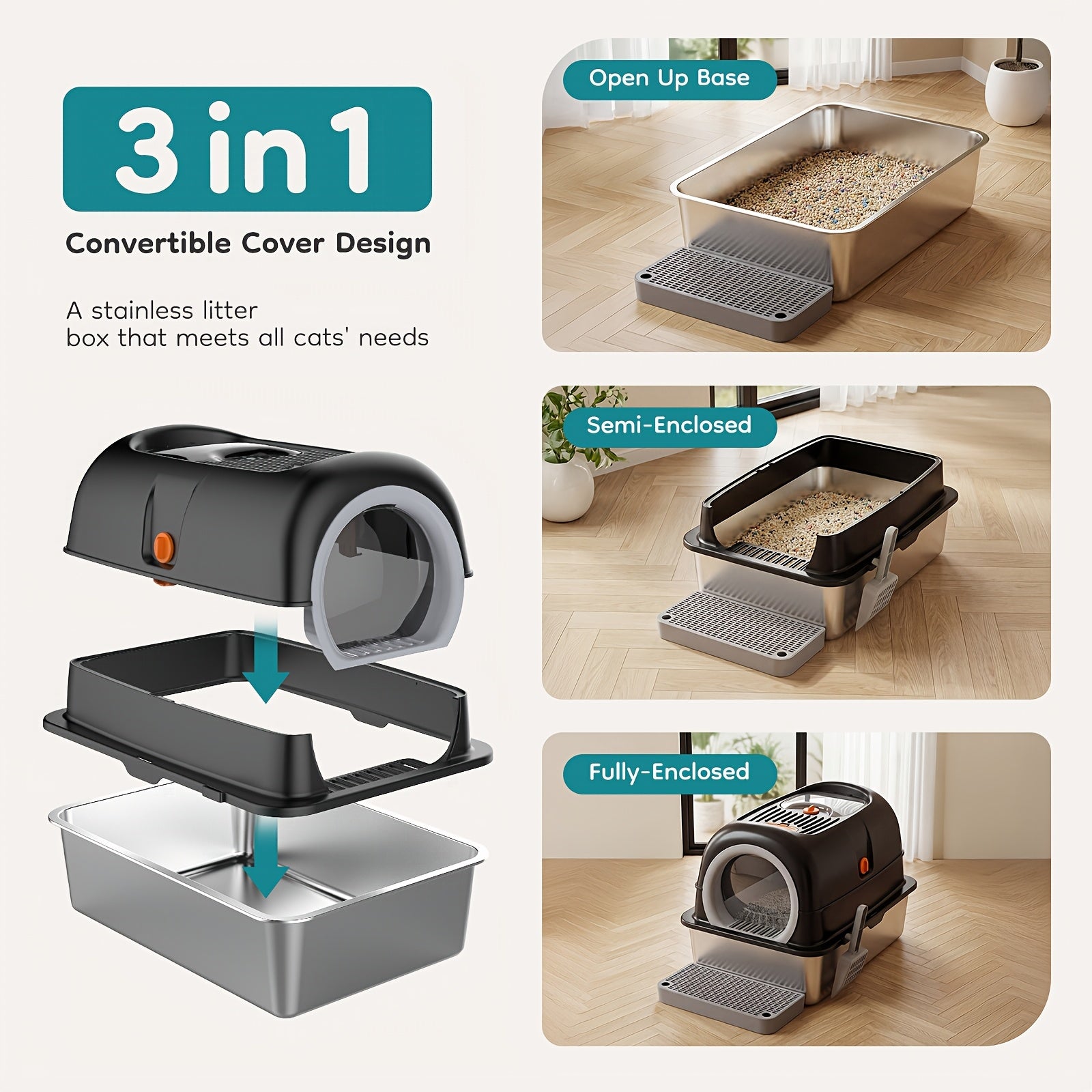 Stainless Steel Litter Box with Lid, Extra Large Enclosed Metal Cat Litter Box, Front Entry Top Exit Kitty Toilet with Litter Scoop & Litter Mat for Cats