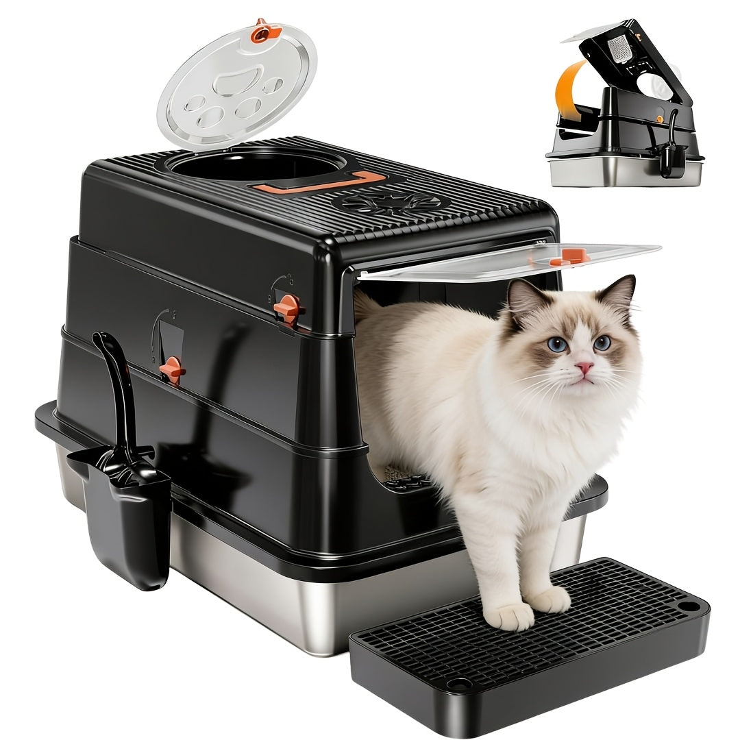 Extra-Large, Fully Enclosed Stainless Steel Litter Box --Features A High-Sided, Leak-Proof Design Suitable for All Cat Breeds; Includes A Complimentary Litter Scoop And Litter Mat.