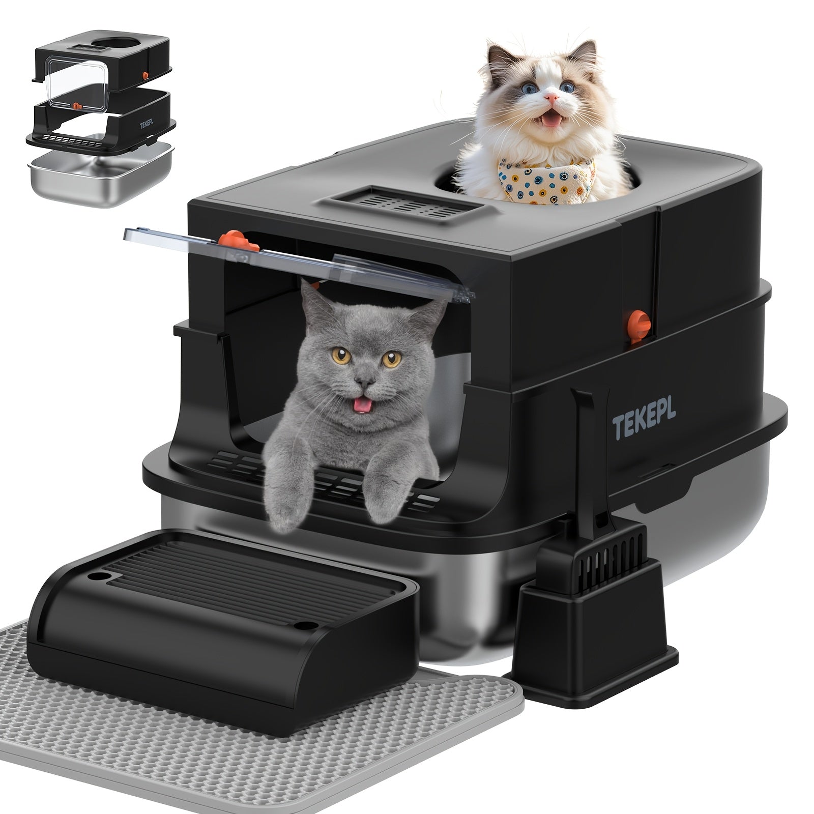 TEKEPL Extra-Large Stainless Steel Cat Litter Box With Lid, Enclosed Semi-Enclosed Modular System, Dual Entry High-Sided Non-Stick Easy Clean Design, Cat Litter Mat Scoop, Ideal For Indoor Use 2026 Luxury XL Pet Toilet Odor-Free Valentine'S Day Gift