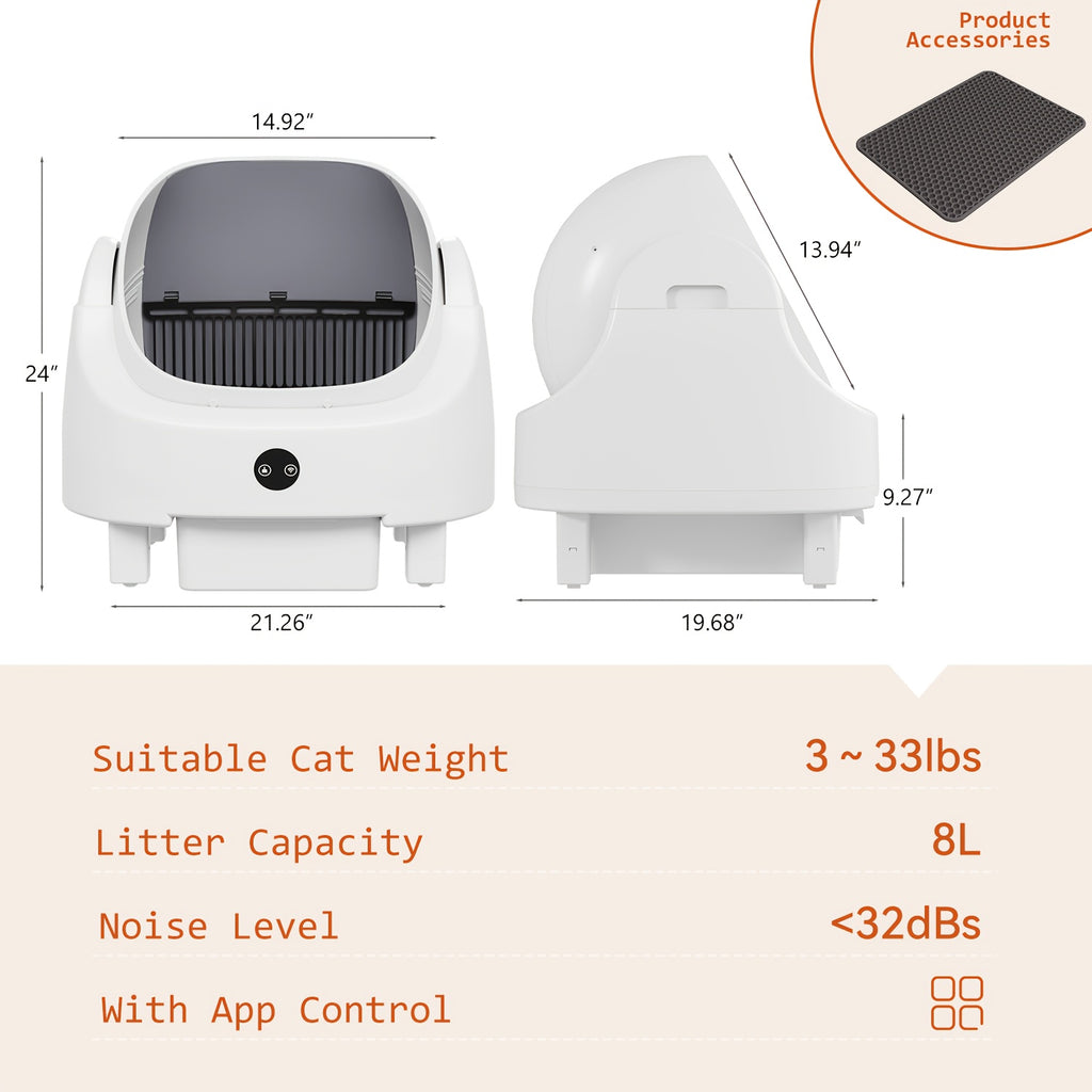 Aoxun Self-Cleaning Cat Litter Box for Multiple Cats - Spacious Robot-Style Litter Box Featuring Smart Sensors, Open-Top Design, And 360° Safety Features, Odorless Automatic Scooper for Indoor Cats, Without Battery
