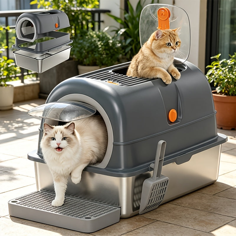 Stainless Steel Litter Box with Lid, Extra Large Enclosed Metal Cat Litter Box, Front Entry Top Exit Kitty Toilet with Litter Scoop & Litter Mat for Cats