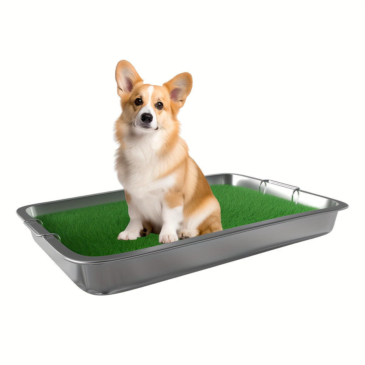 Washable Dog Potty Tray Dog Grass Pad Dog Litter Box Toilet Stainless Steel Tray with Artificial Washable Grass Pads, Dog Potty Training Mat for Indoor Outdoor Use, Green Grass Pad for Small to Medium Dog with Stainless Steel Guard Rails