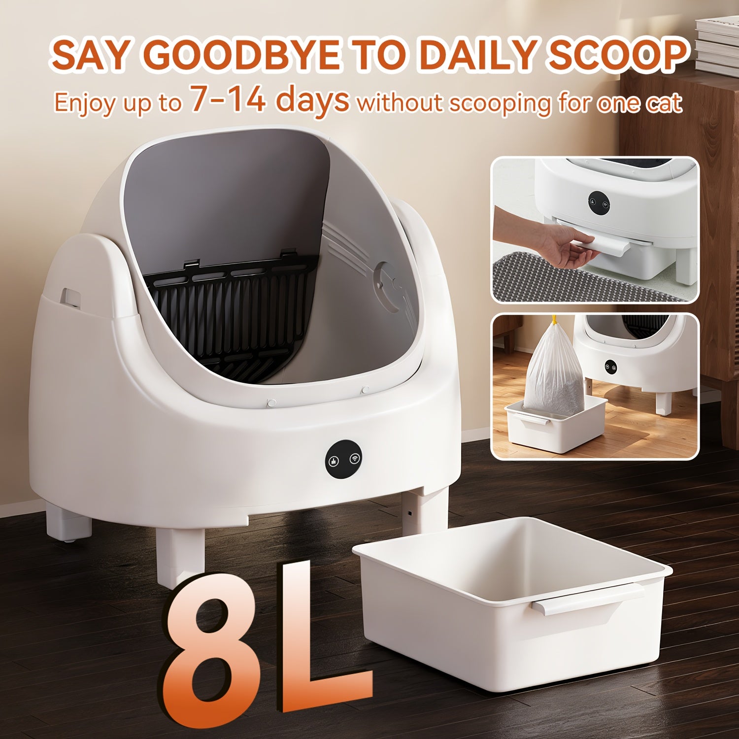 Aoxun Self-Cleaning Cat Litter Box for Multiple Cats - Spacious Robot-Style Litter Box Featuring Smart Sensors, Open-Top Design, And 360° Safety Features, Odorless Automatic Scooper for Indoor Cats, Without Battery