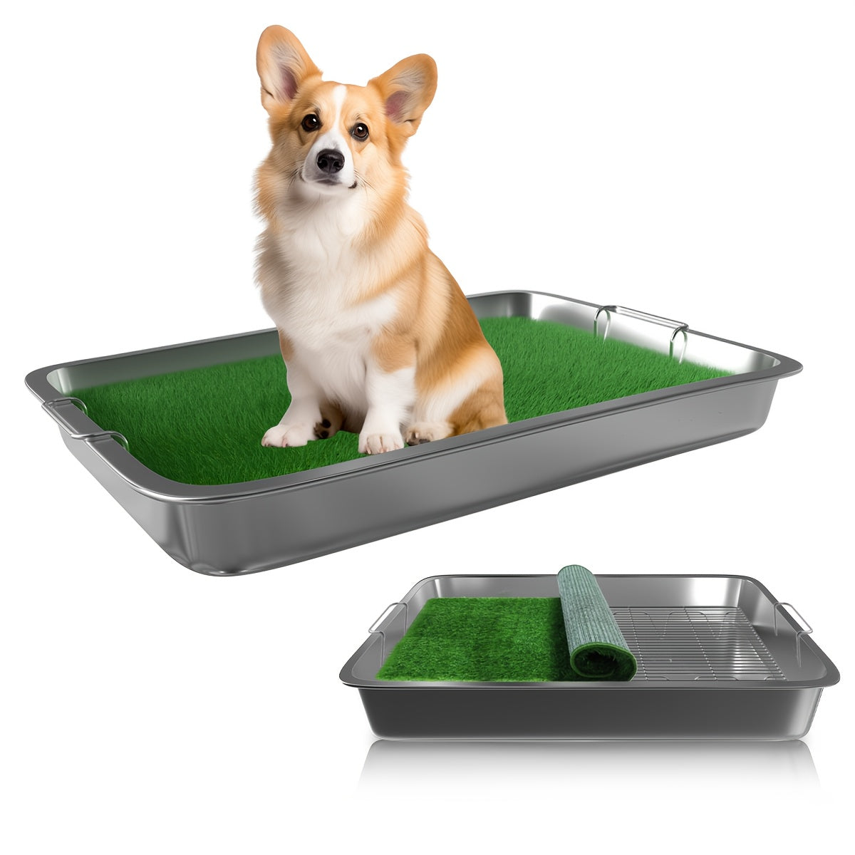 Washable Dog Potty Tray Dog Grass Pad Dog Litter Box Toilet Stainless Steel Tray with Artificial Washable Grass Pads, Dog Potty Training Mat for Indoor Outdoor Use, Green Grass Pad for Small to Medium Dog with Stainless Steel Guard Rails