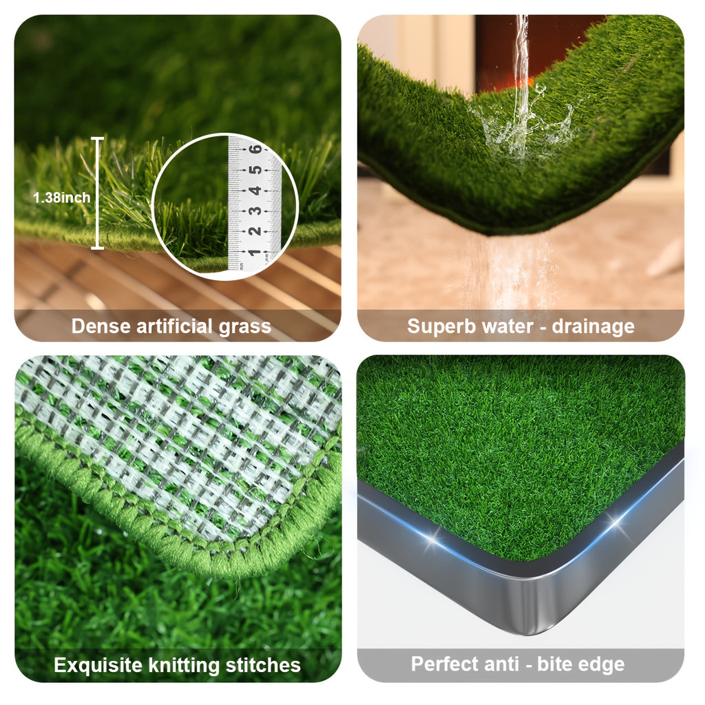 Washable Dog Potty Tray Dog Grass Pad Dog Litter Box Toilet Stainless Steel Tray with Artificial Washable Grass Pads, Dog Potty Training Mat for Indoor Outdoor Use, Green Grass Pad for Small to Medium Dog with Stainless Steel Guard Rails