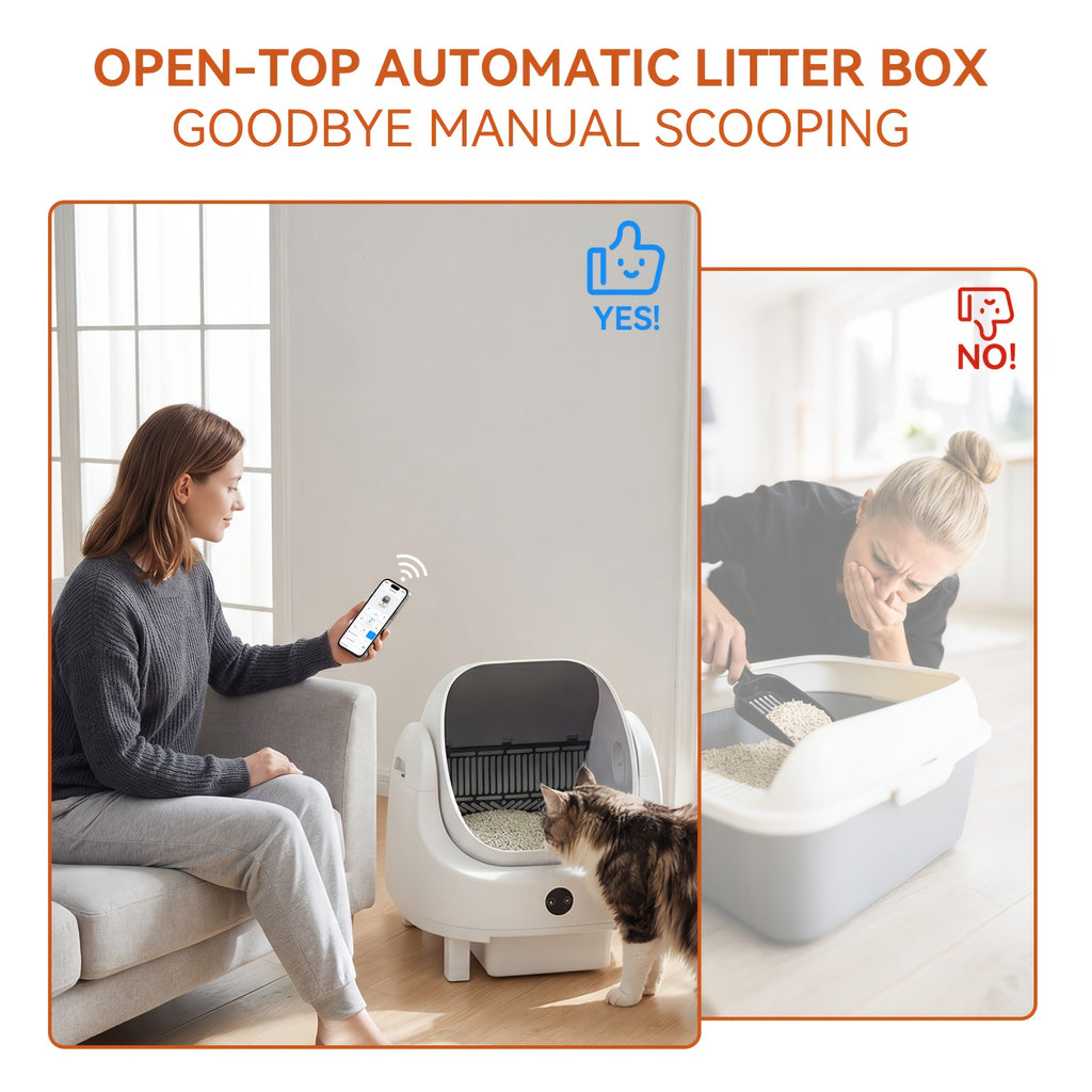 Aoxun Self-Cleaning Cat Litter Box for Multiple Cats - Spacious Robot-Style Litter Box Featuring Smart Sensors, Open-Top Design, And 360° Safety Features, Odorless Automatic Scooper for Indoor Cats, Without Battery