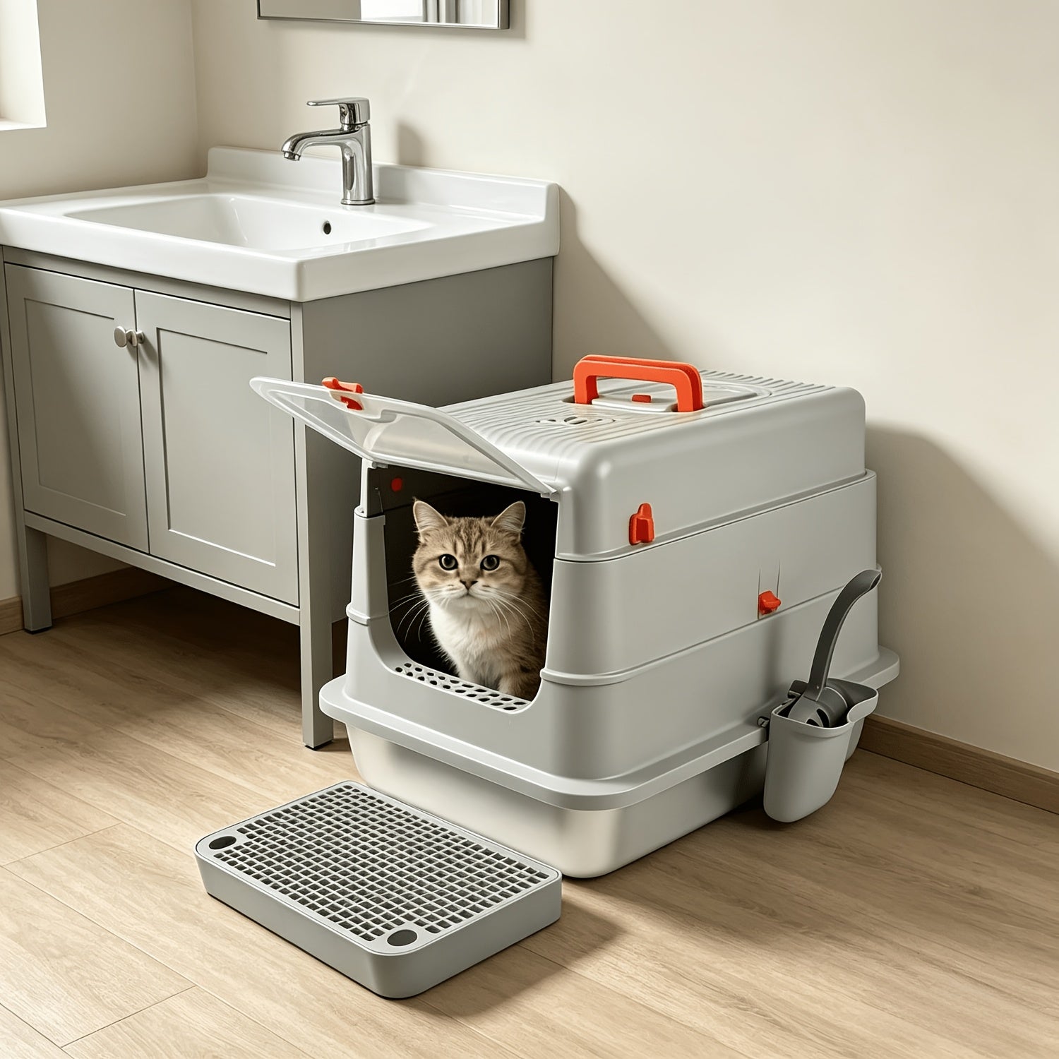 Extra-Large, Fully Enclosed Stainless Steel Litter Box --Features A High-Sided, Leak-Proof Design Suitable for All Cat Breeds; Includes A Complimentary Litter Scoop And Litter Mat.