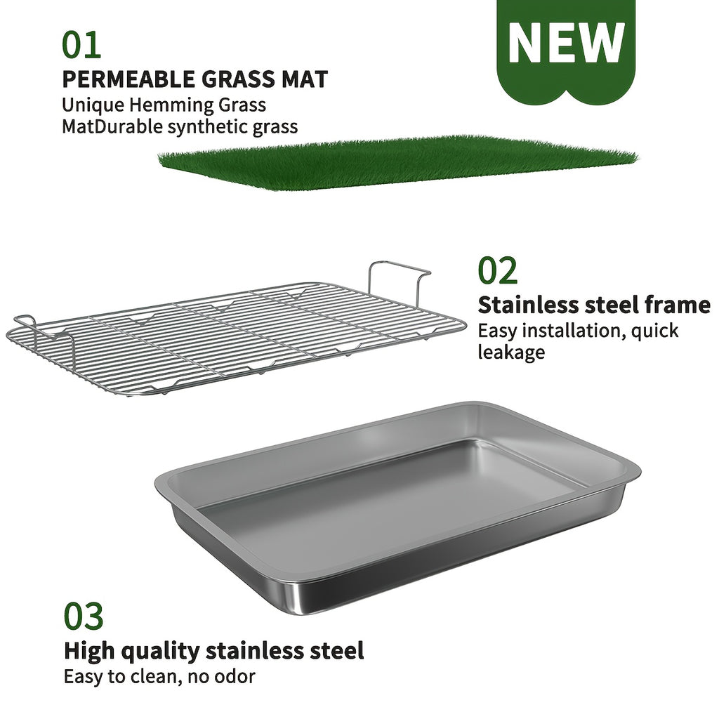 Washable Dog Potty Tray Dog Grass Pad Dog Litter Box Toilet Stainless Steel Tray with Artificial Washable Grass Pads, Dog Potty Training Mat for Indoor Outdoor Use, Green Grass Pad for Small to Medium Dog with Stainless Steel Guard Rails