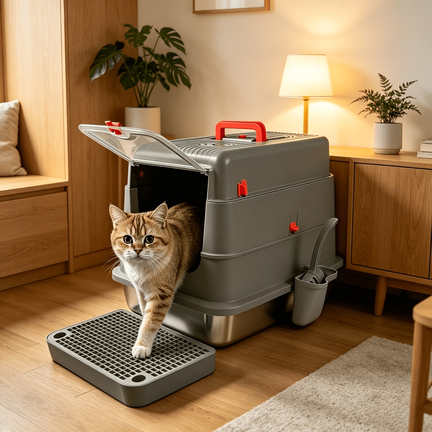 Extra-Large, Fully Enclosed Stainless Steel Litter Box --Features A High-Sided, Leak-Proof Design Suitable for All Cat Breeds; Includes A Complimentary Litter Scoop And Litter Mat.