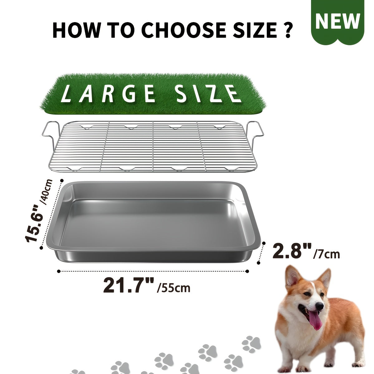 Washable Dog Potty Tray Dog Grass Pad Dog Litter Box Toilet Stainless Steel Tray with Artificial Washable Grass Pads, Dog Potty Training Mat for Indoor Outdoor Use, Green Grass Pad for Small to Medium Dog with Stainless Steel Guard Rails