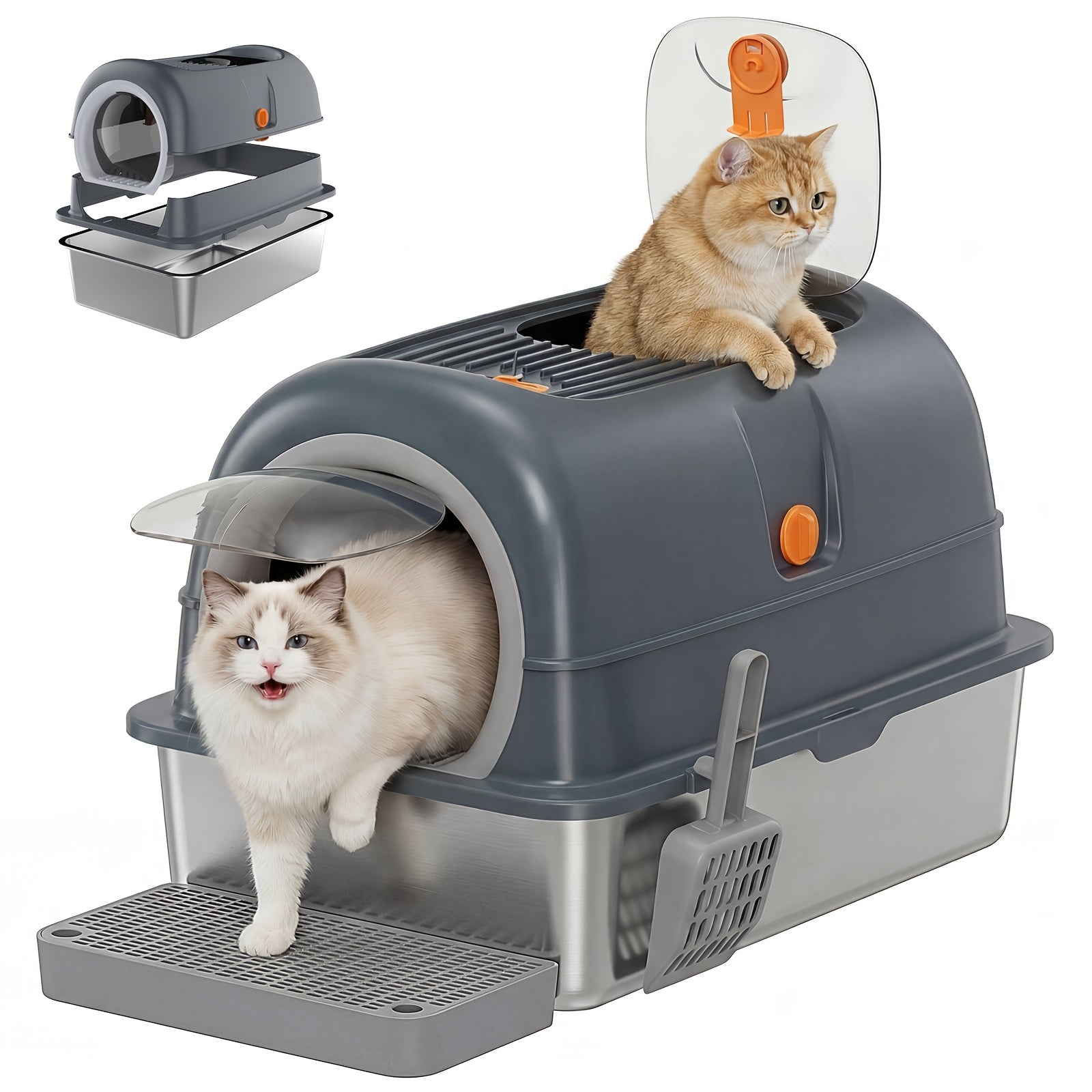 Stainless Steel Cat Litter Box, Suitable for Large Feline Animals Weighing 25 Pounds, with A Capacity Of Up to 30 Liters. It Can Be Adjusted In Three Modes: Closed, Semi Closed, And Fully Open, Providing A Comfortable Environment for Cats