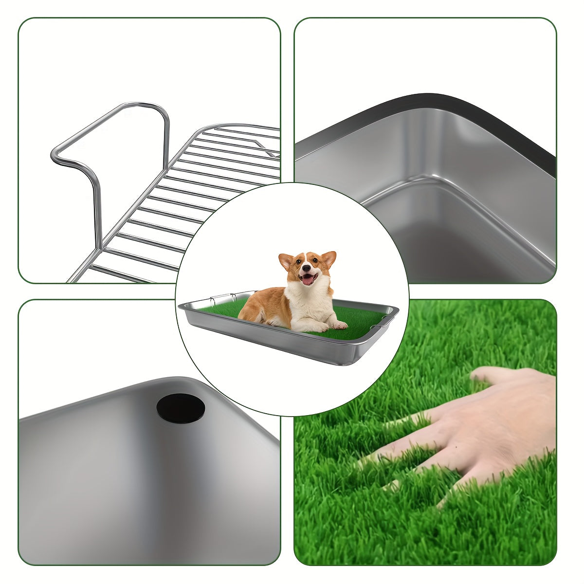 Washable Dog Potty Tray Dog Grass Pad Dog Litter Box Toilet Stainless Steel Tray with Artificial Washable Grass Pads, Dog Potty Training Mat for Indoor Outdoor Use, Green Grass Pad for Small to Medium Dog with Stainless Steel Guard Rails
