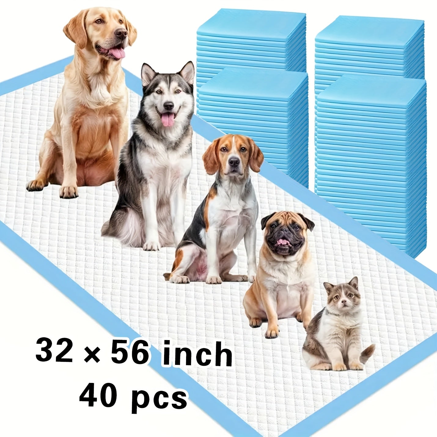 40pcs of Enhanced XXXXL Extra- for Large Dog Pee Pads Measuring 32'X56', Featuring a Robust 7-Layer Leakproof Design, Quick-Drying Capabilities, And High Absorbency. These Disposable Puppy Training Pads Come Individually Wrapped