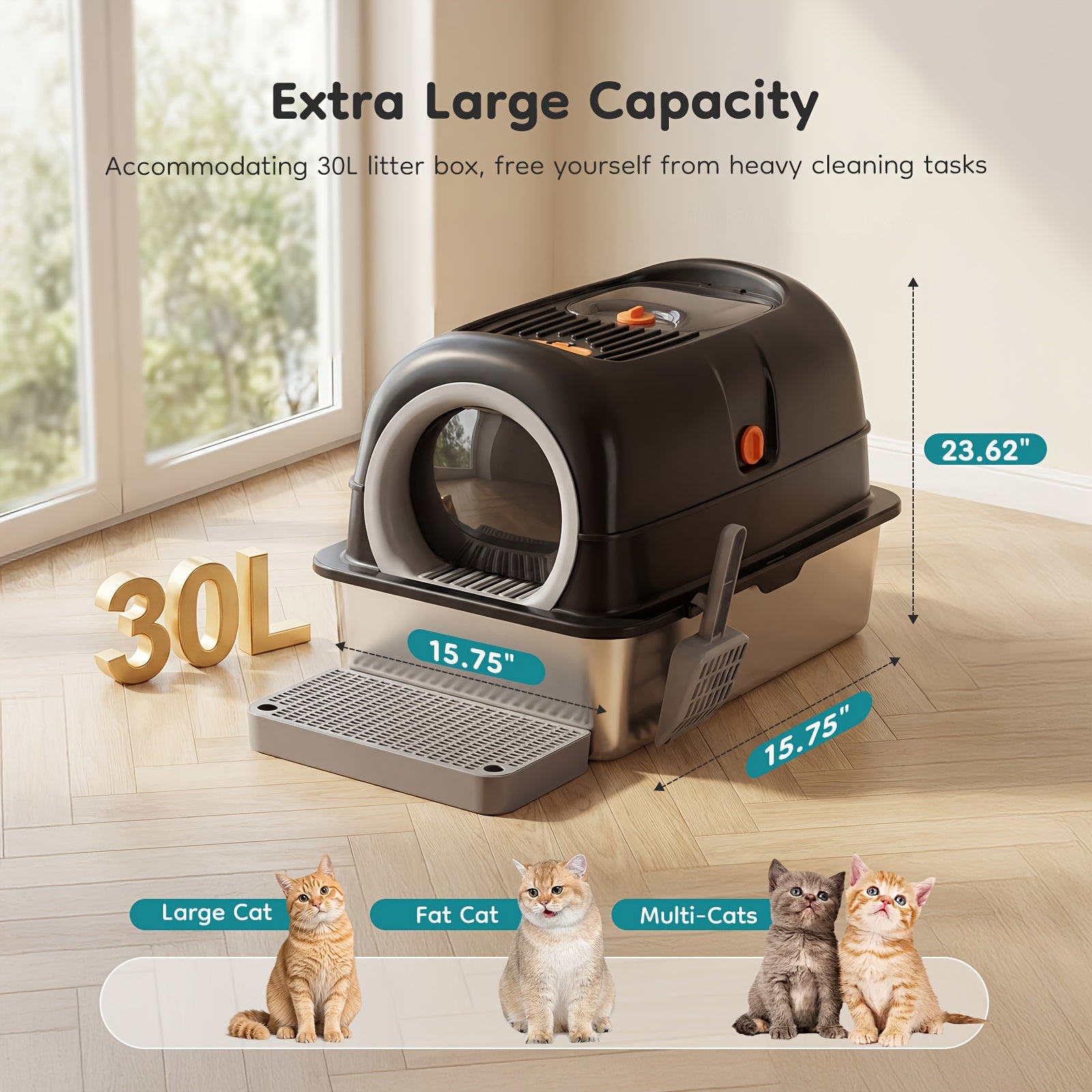 Stainless Steel Cat Litter Box, Suitable for Large Feline Animals Weighing 25 Pounds, with A Capacity Of Up to 30 Liters. It Can Be Adjusted In Three Modes: Closed, Semi Closed, And Fully Open, Providing A Comfortable Environment for Cats