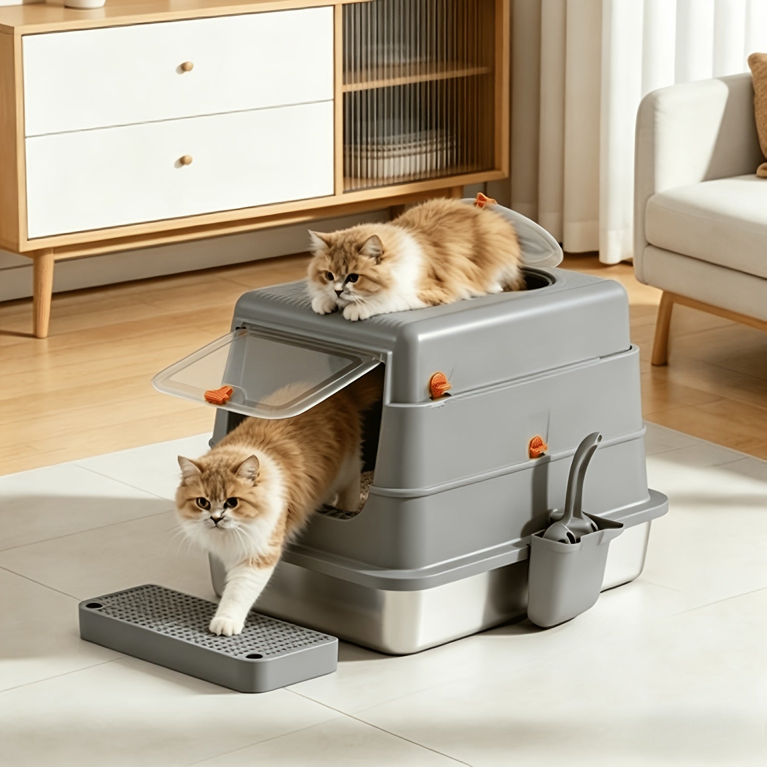 Extra-Large, Fully Enclosed Stainless Steel Litter Box --Features A High-Sided, Leak-Proof Design Suitable for All Cat Breeds; Includes A Complimentary Litter Scoop And Litter Mat.