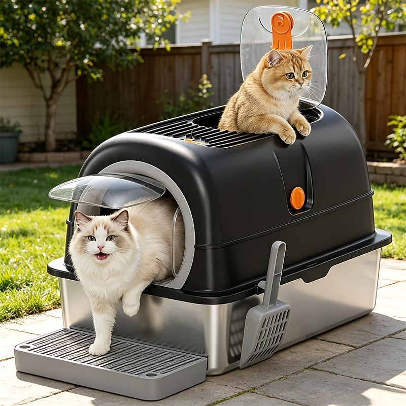Stainless Steel Litter Box with Lid, Extra Large Enclosed Metal Cat Litter Box, Front Entry Top Exit Kitty Toilet with Litter Scoop & Litter Mat for Cats