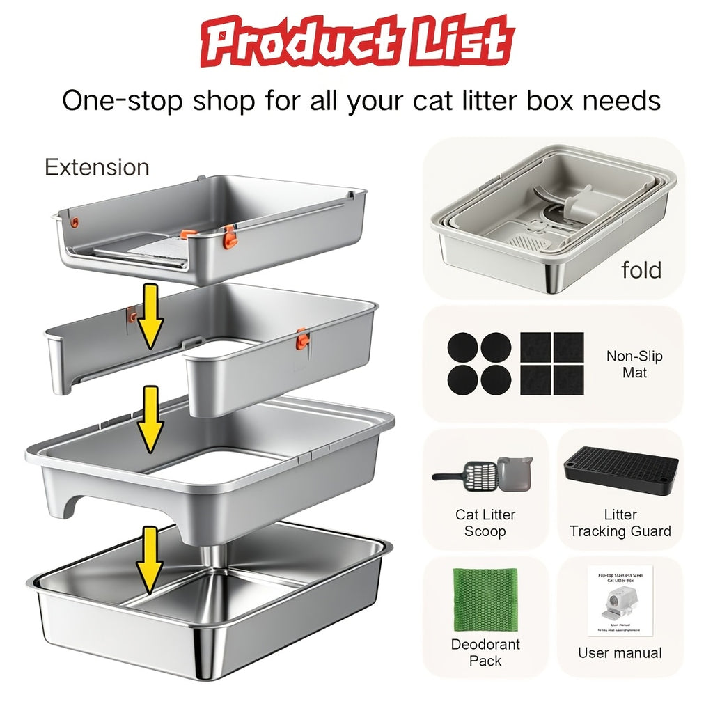 Extra-Large, Fully Enclosed Stainless Steel Litter Box --Features A High-Sided, Leak-Proof Design Suitable for All Cat Breeds; Includes A Complimentary Litter Scoop And Litter Mat.