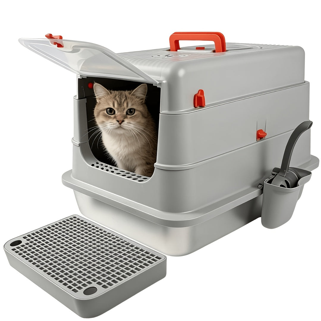 Extra-Large, Fully Enclosed Stainless Steel Litter Box --Features A High-Sided, Leak-Proof Design Suitable for All Cat Breeds; Includes A Complimentary Litter Scoop And Litter Mat.