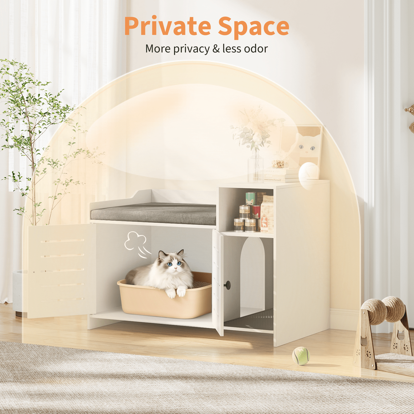 IDEALHOUSE Cat Litter Box Enclosure, Hidden Litter Box Cabinet Furniture with Scratch Pad, Farmhouse Indoor Cats House with Storage Layer for Hallway, Bedroom