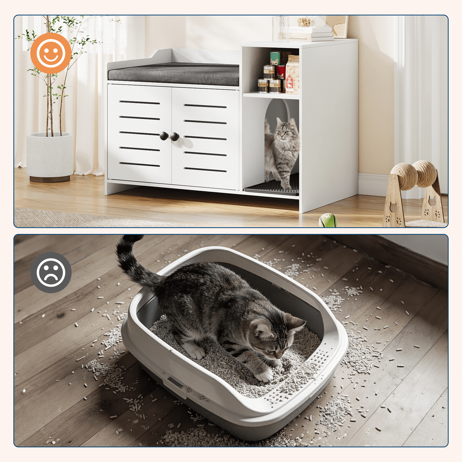 IDEALHOUSE Cat Litter Box Enclosure, Hidden Litter Box Cabinet Furniture with Scratch Pad, Farmhouse Indoor Cats House with Storage Layer for Hallway, Bedroom