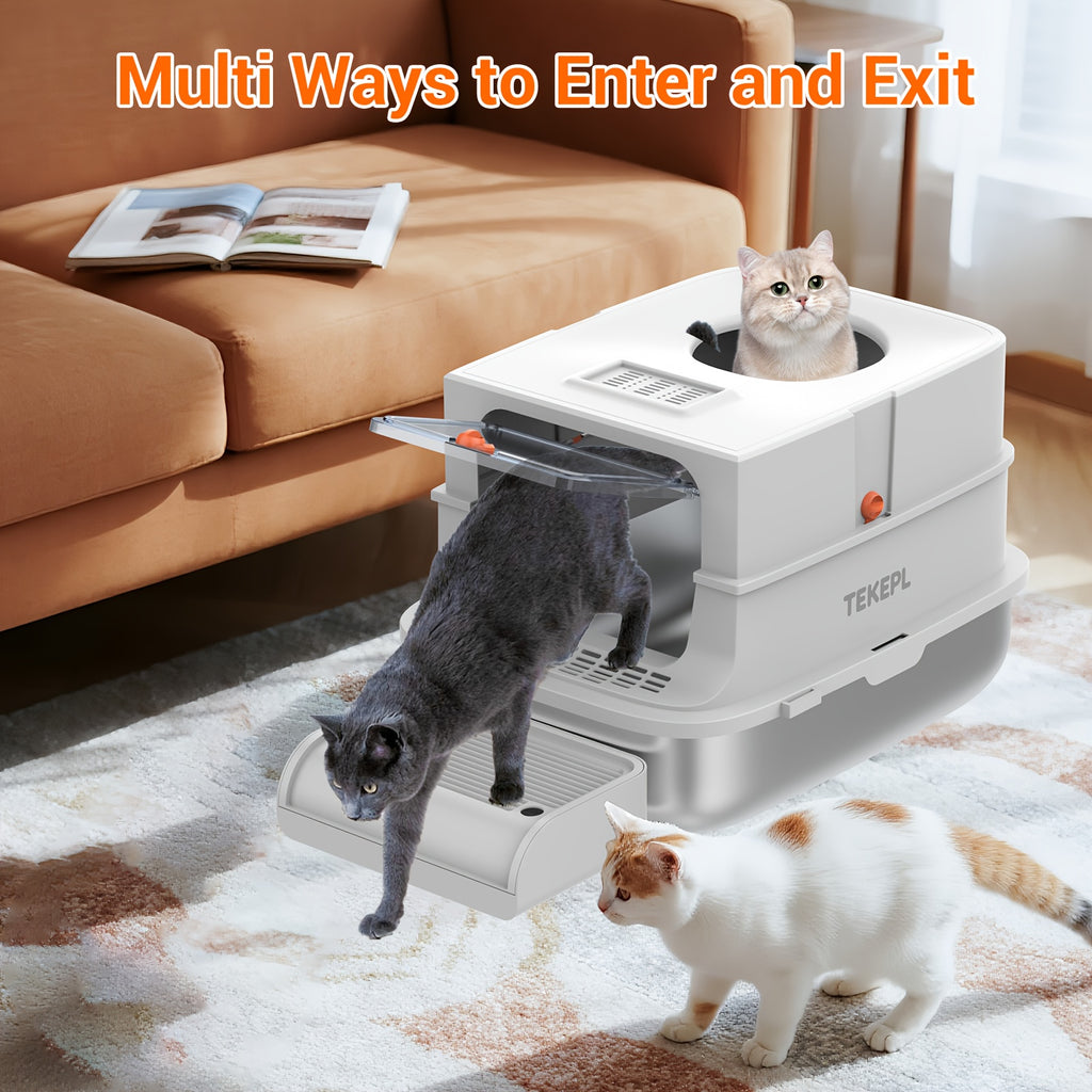 TEKEPL Extra-Large Stainless Steel Cat Litter Box With Lid, Enclosed Semi-Enclosed Modular System, Dual Entry High-Sided Non-Stick Easy Clean Design, Cat Litter Mat Scoop, Ideal For Indoor Use 2026 Luxury XL Pet Toilet Odor-Free Valentine'S Day Gift