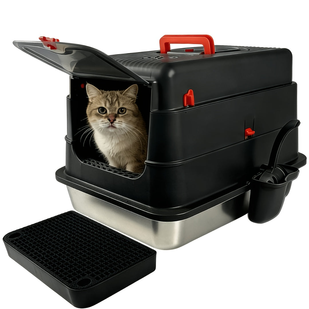 Extra-Large, Fully Enclosed Stainless Steel Litter Box --Features A High-Sided, Leak-Proof Design Suitable for All Cat Breeds; Includes A Complimentary Litter Scoop And Litter Mat.
