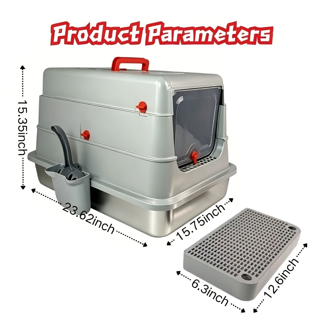 Extra-Large, Fully Enclosed Stainless Steel Litter Box --Features A High-Sided, Leak-Proof Design Suitable for All Cat Breeds; Includes A Complimentary Litter Scoop And Litter Mat.