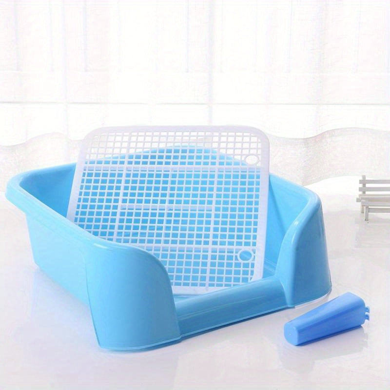 New Semi-Enclosed Flat Pet Litter Box, High Leak-Proof Design, Easy-Clean Pet Toilet, with Post, Blue, Size 20.87 X 16.54 X 7.48 Inches