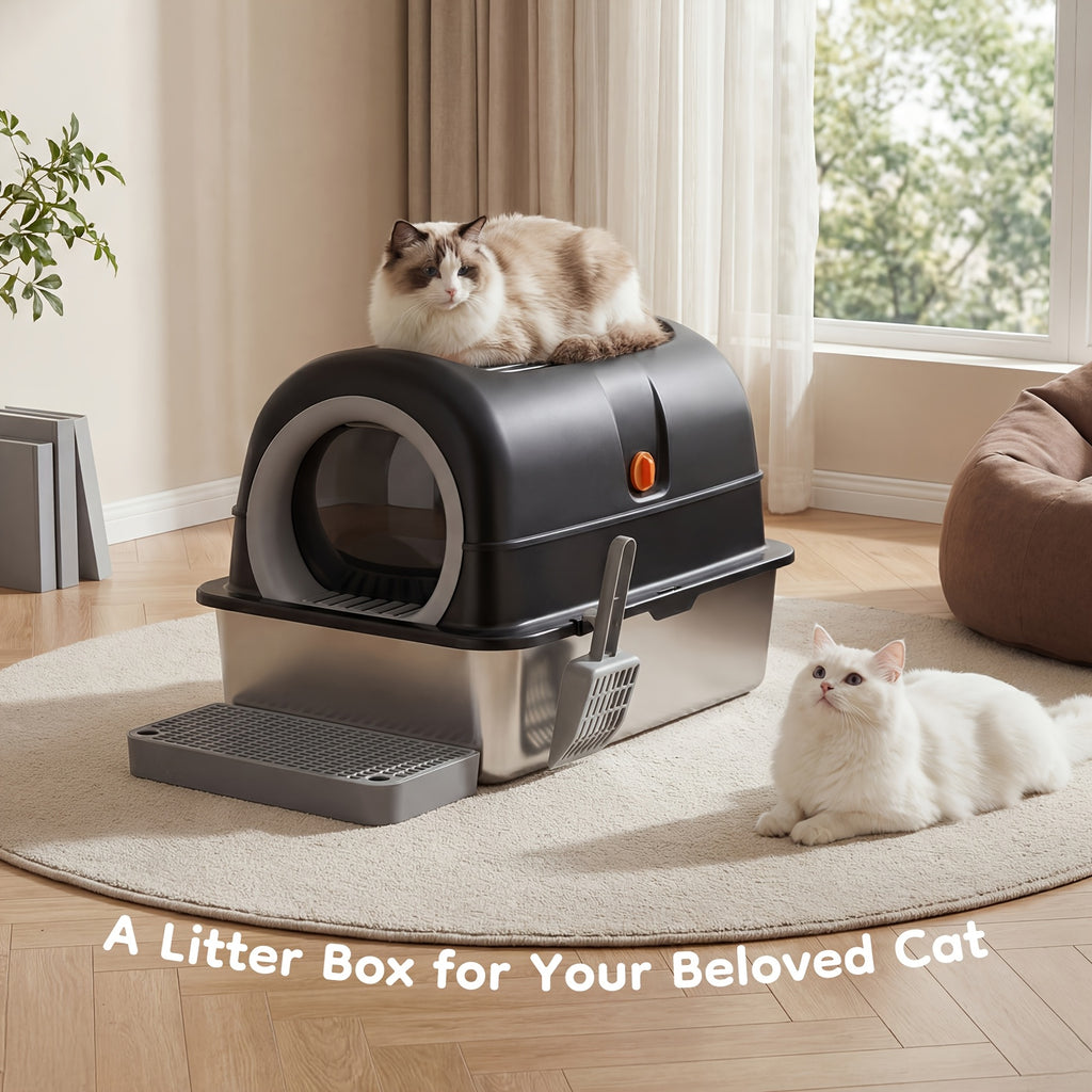 Stainless Steel Cat Litter Box, Suitable for Large Feline Animals Weighing 25 Pounds, with A Capacity Of Up to 30 Liters. It Can Be Adjusted In Three Modes: Closed, Semi Closed, And Fully Open, Providing A Comfortable Environment for Cats