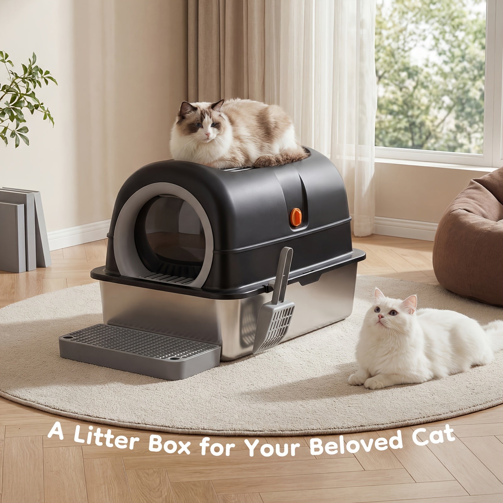 Stainless Steel Cat Litter Box, Suitable for Large Feline Animals Weighing 25 Pounds, with A Capacity Of Up to 30 Liters. It Can Be Adjusted In Three Modes: Closed, Semi Closed, And Fully Open, Providing A Comfortable Environment for Cats